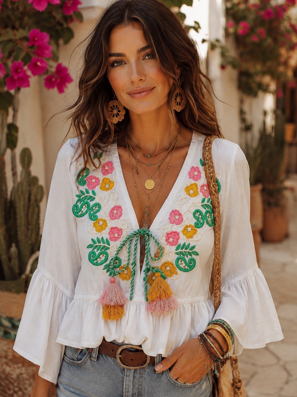 POL FLORAL EMBROIDERED CROPPED BLOUSE WITH BELL SLEEVES SIZE MEDIUM NWOT